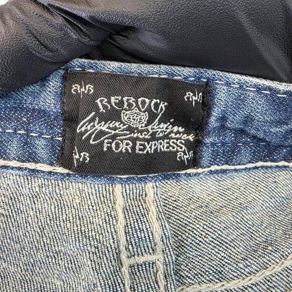 Rerock for Express Jeans Womens 2 Blue Bootcut Stretch Distressed Embroidered - Picture 10 of 12